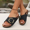 Riviera Buckle Footbed Sliders – Black