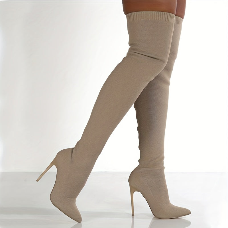 Sunniva beige stretch-knit over-the-knee sock boots with stiletto heel