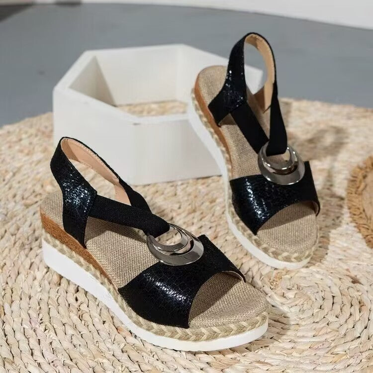 Aurora Metallic Ring Wedge Sandals – Black Metallic