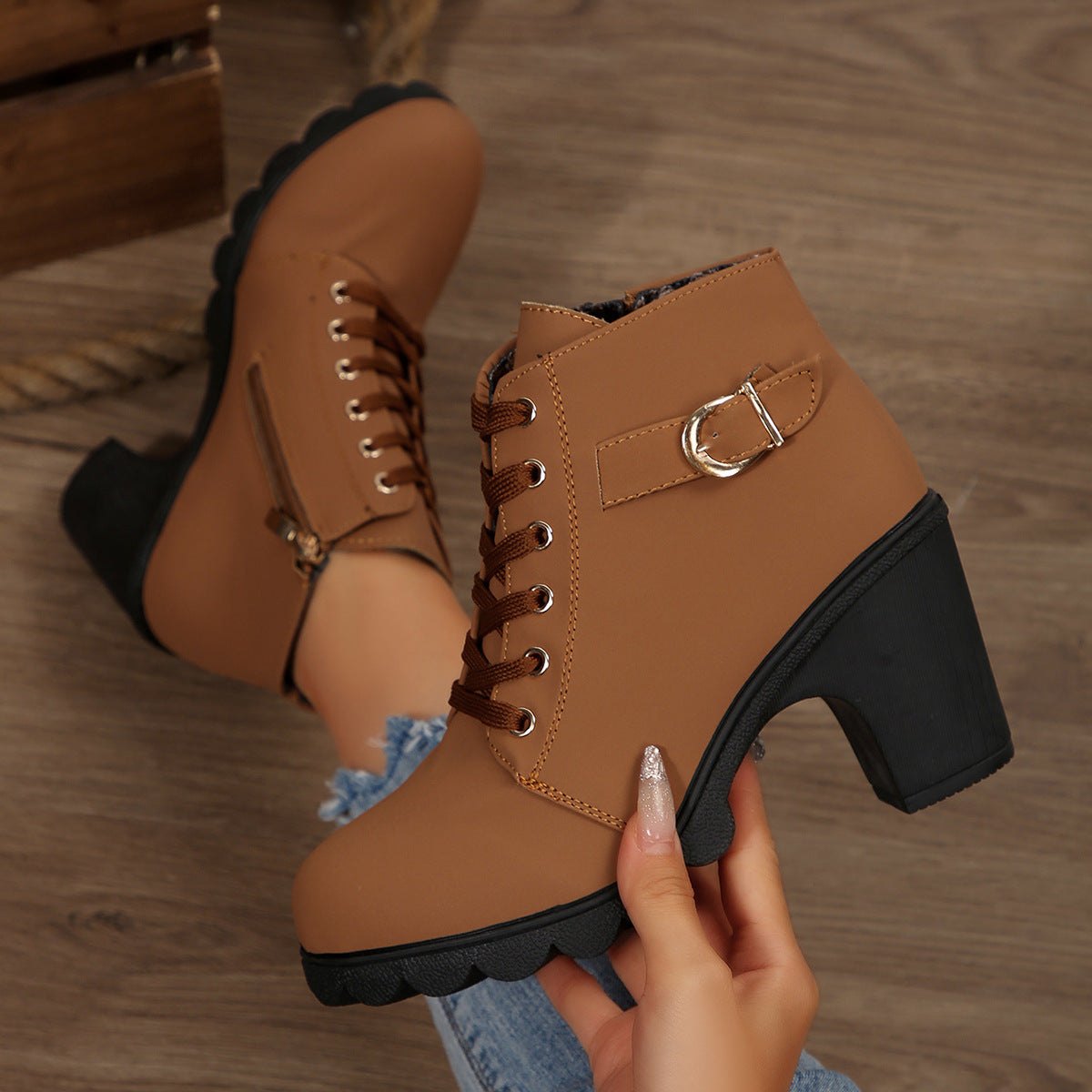 Romy tan ankle boots, side view with zip