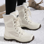 Freya white snow boots, worn in the snow