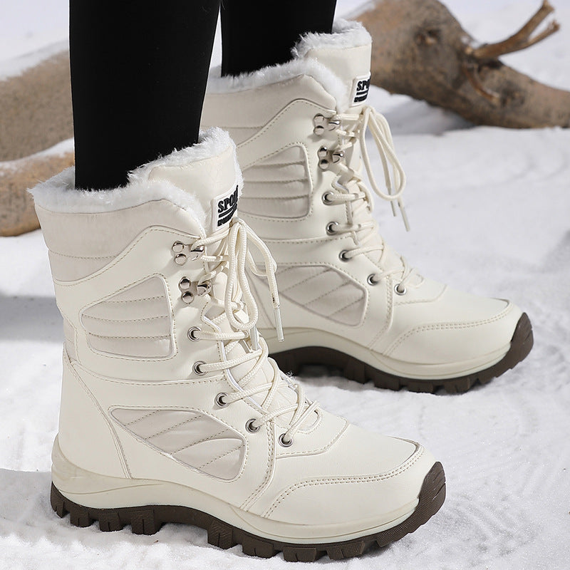 Freya white snow boots, worn in the snow