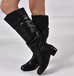 Alva black ruched knee-high boots with low block heel