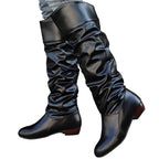 Alva black ruched flat knee-high boots worn