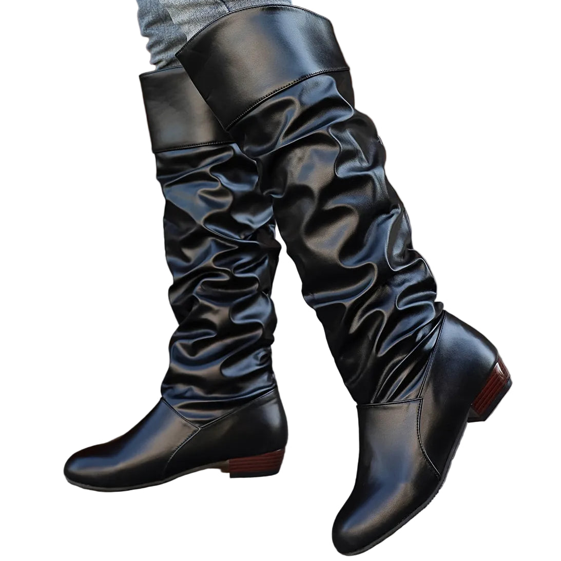 Alva black ruched flat knee-high boots worn