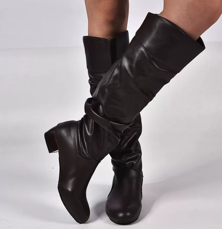 Alva brown ruched knee-high boots, side view