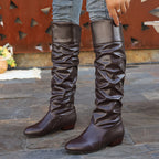 Alva brown ruched flat knee-high boots worn
