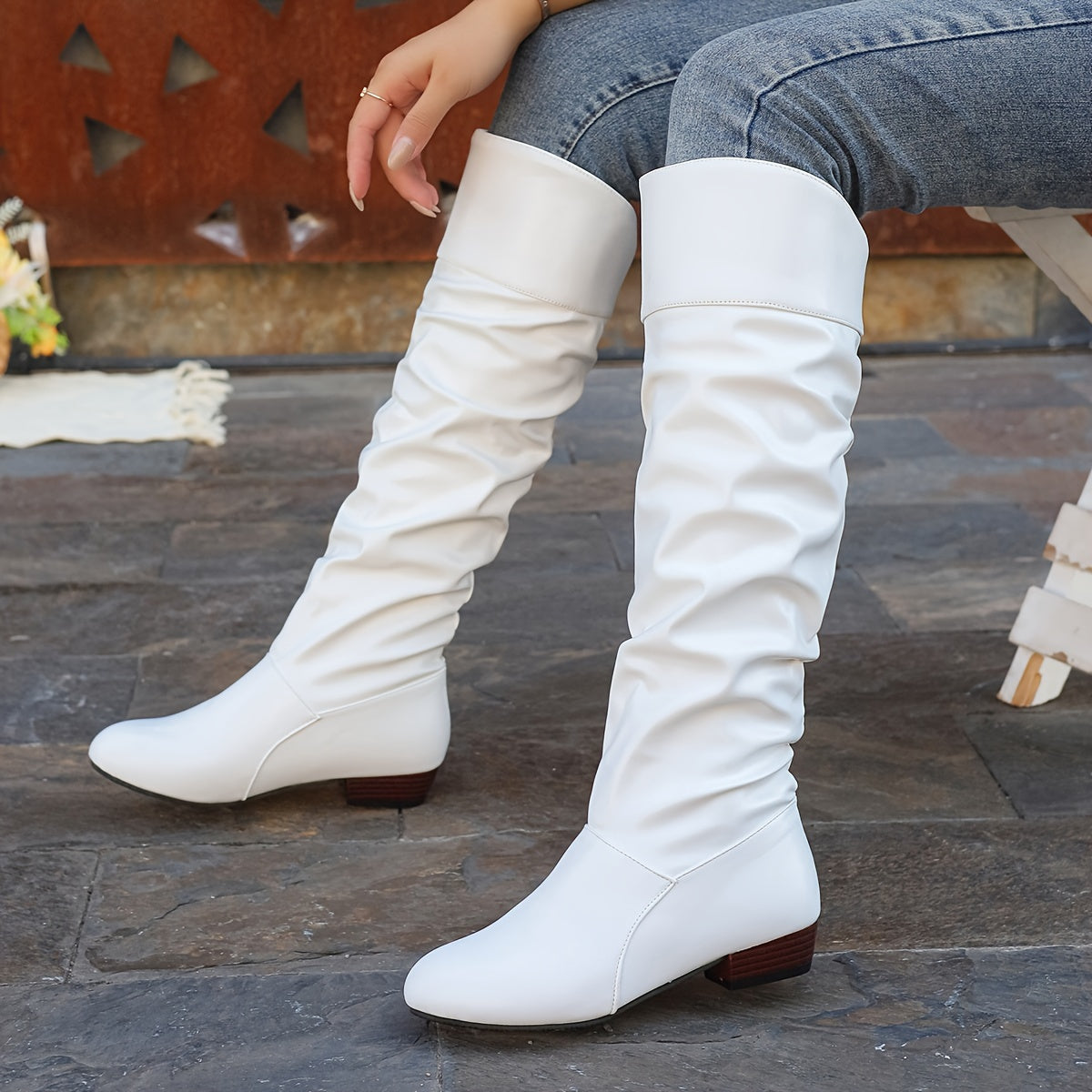 Alva white slouch knee-high boots with low heel