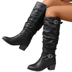 Astrid black knee-high boots showing the double buckle straps