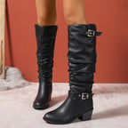 Astrid black slouch knee-high boots with buckle straps and block heel
