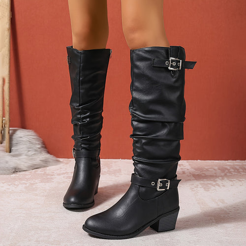 Astrid black slouch knee-high boots with buckle straps and block heel