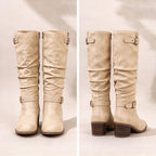 Astrid cream slouch knee-high boots, front and back view