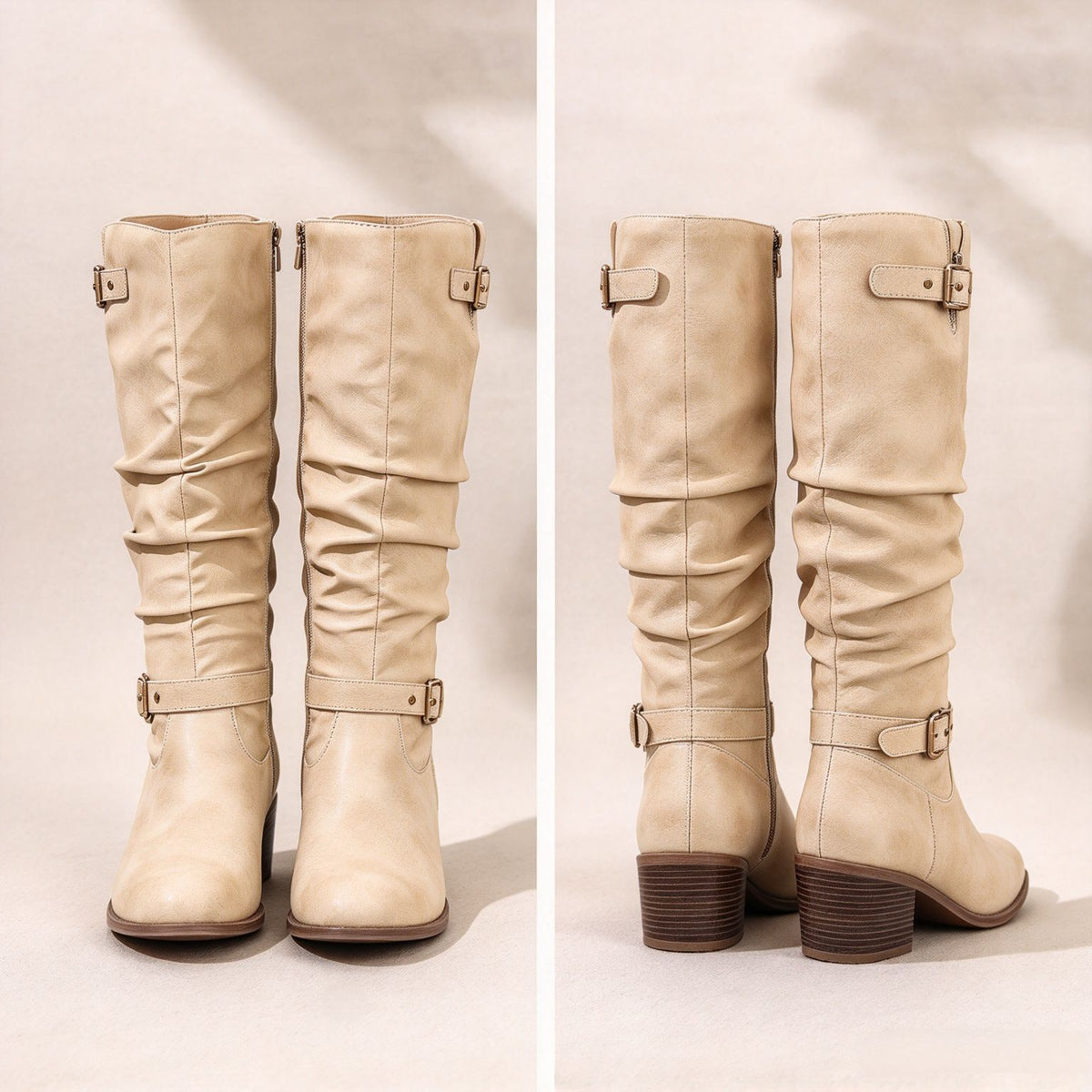 Astrid cream slouch knee-high boots, front and back view