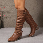 Astrid light brown slouch knee-high boots with buckle straps and block heel