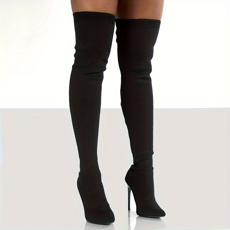 Sunniva black stretch-knit over-the-knee sock boots with stiletto heel