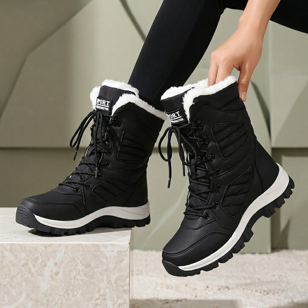 Freya black snow boots with faux-fur collar, worn