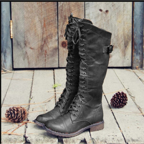 Ramona lace-up knee-high boots with side buckle – Black