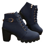 Romy navy lace-up block heel ankle boots with buckle strap