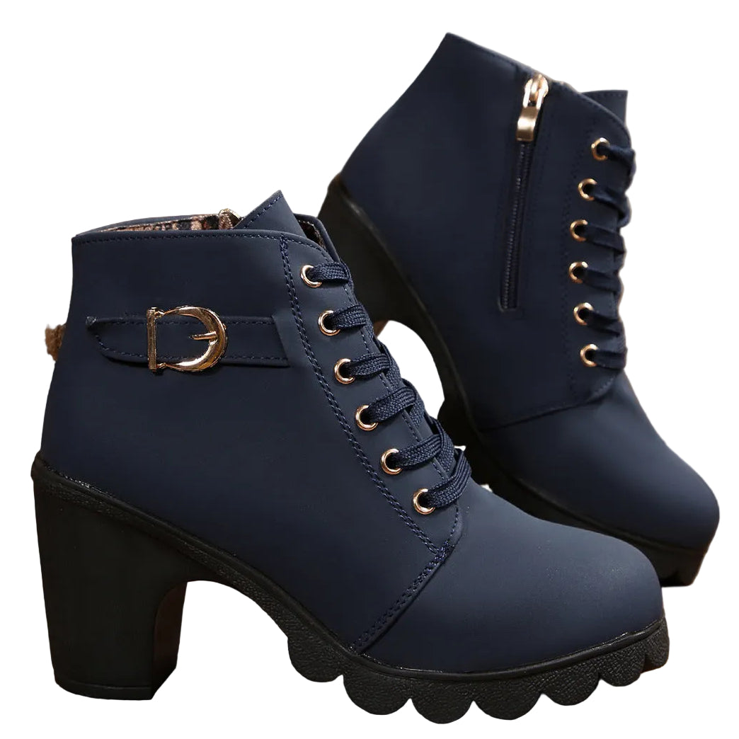 Romy navy lace-up block heel ankle boots with buckle strap