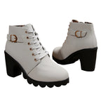 Romy light grey lace-up block heel ankle boots with buckle strap
