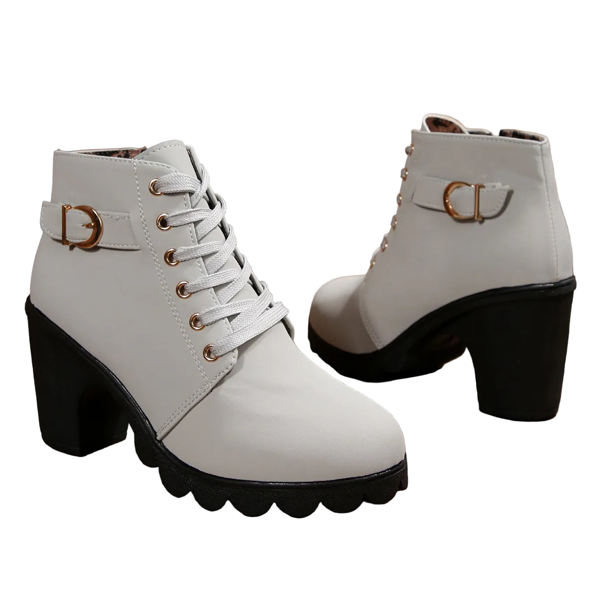 Romy light grey lace-up block heel ankle boots with buckle strap