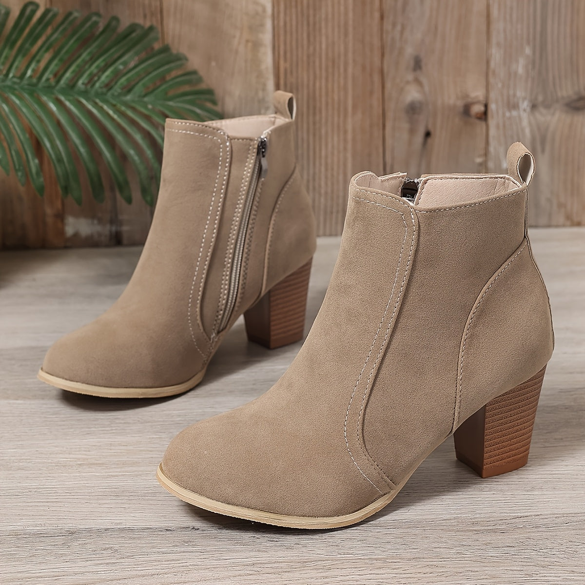 Liv beige suede-effect block heel ankle boots, pair