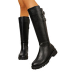 Brenna black faux-leather knee-high riding boots with double buckles