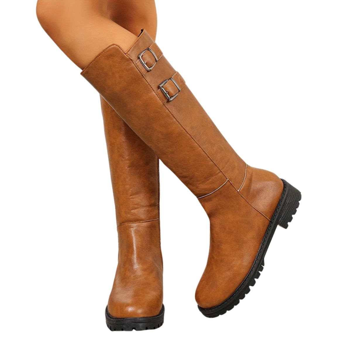 Brenna brown faux-leather knee-high riding boots with double buckles