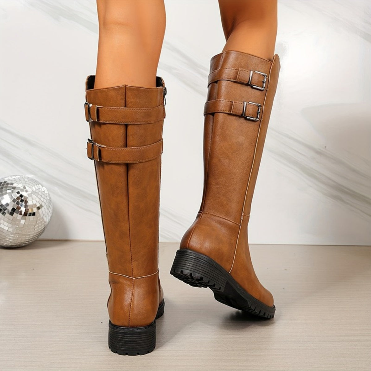 Brenna brown riding boots, back and buckle view