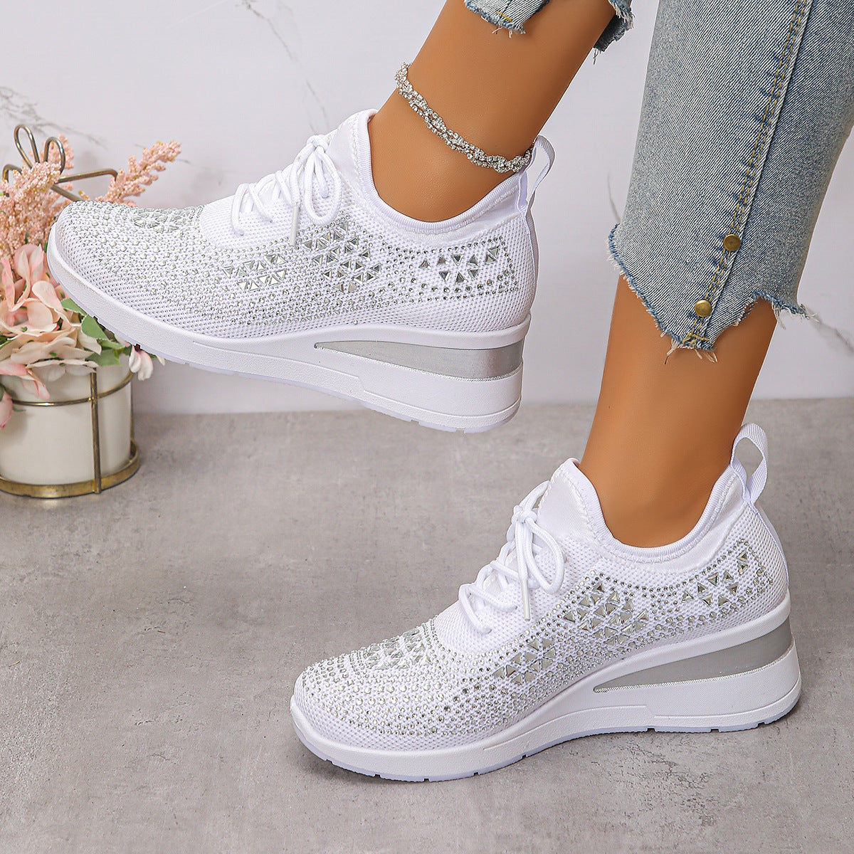 Lumi | Rhinestone Knit Wedge Trainers