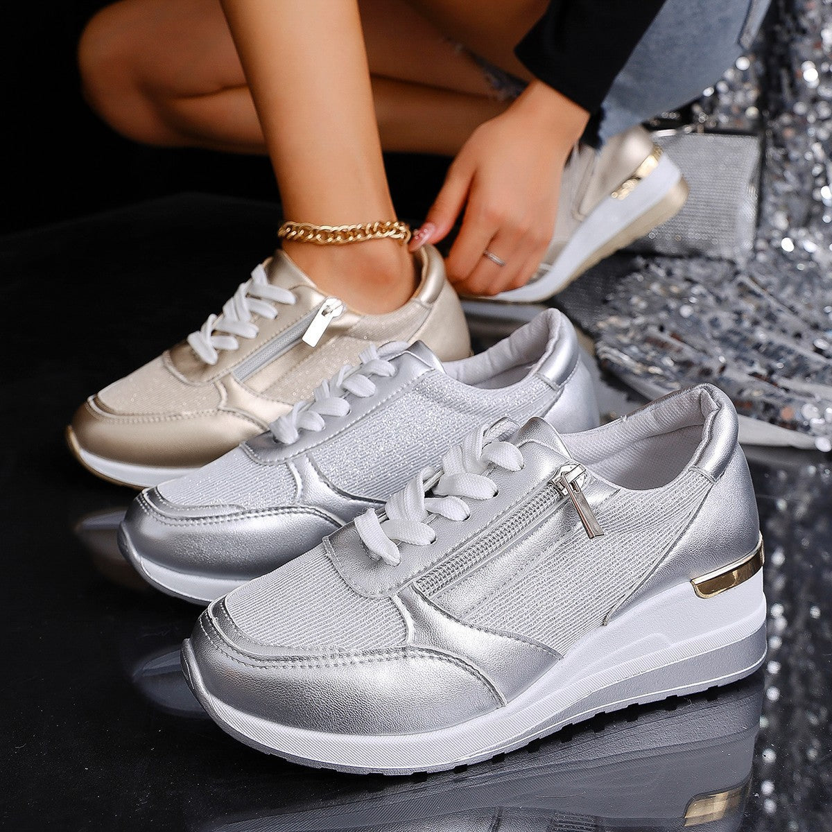 Stella Metallic Wedge Trainers