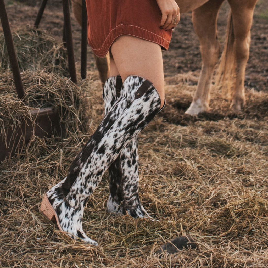 Dallas Cow Print Western Knee-High Boots