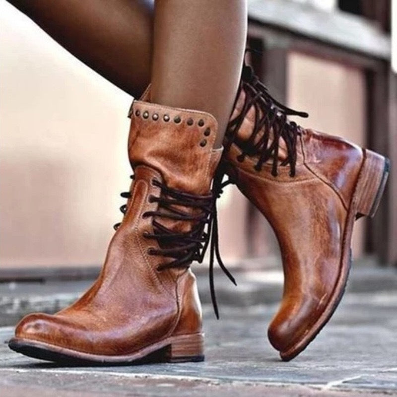 Aurelia Studded Lace-Up Ankle Boots worn – Brown