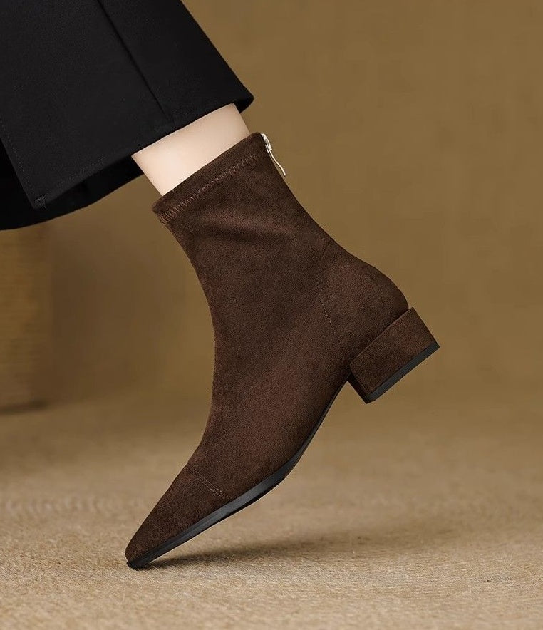 Camille brown stretch sock ankle boot, side view showing back zip and block heel