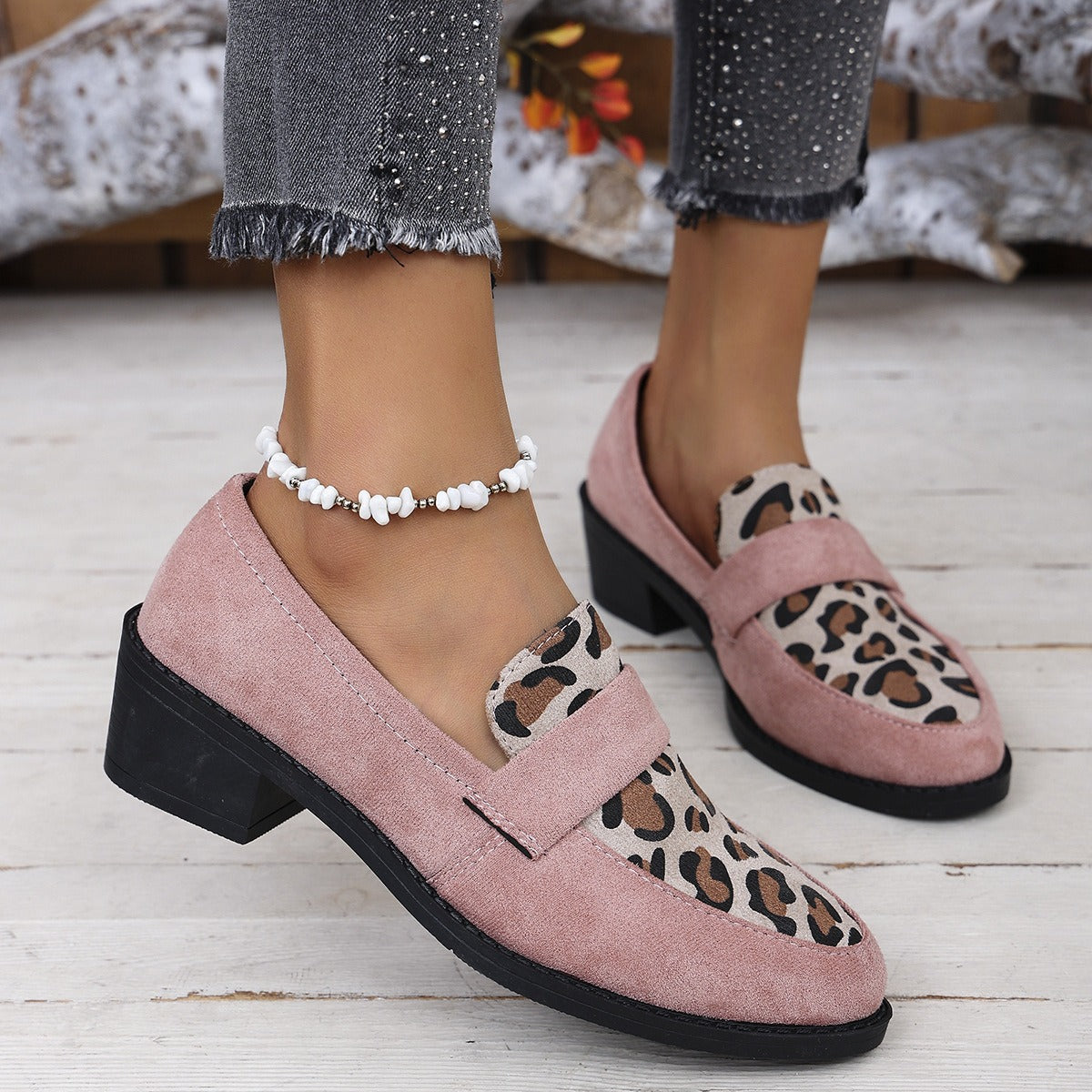 Bella Leopard Trim Block Heel Loafers
