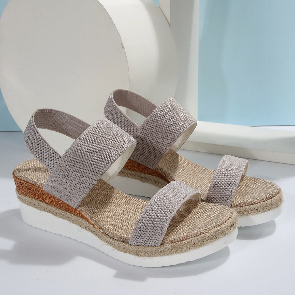 Solene Elastic Strap Wedge Sandals – Grey