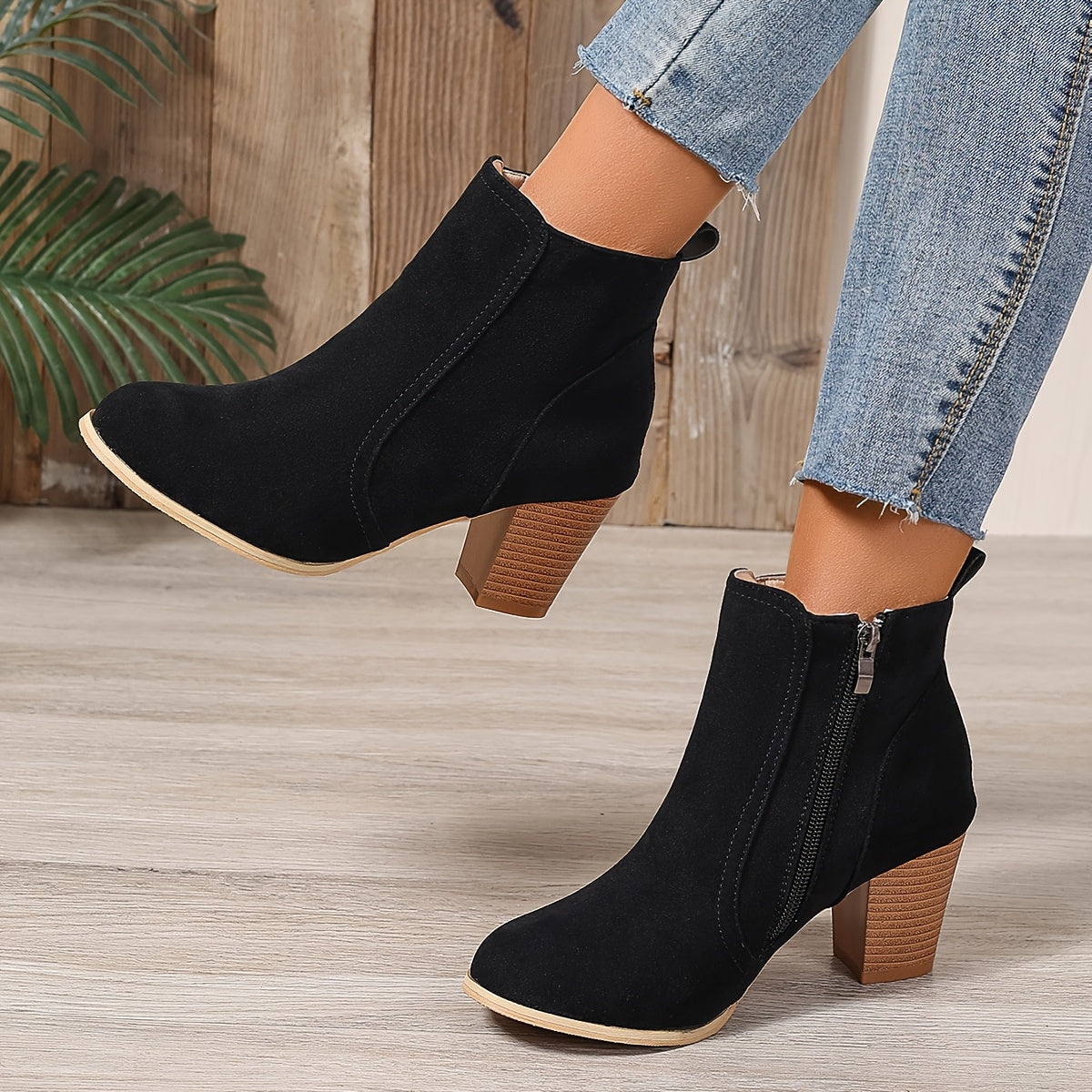 Liv black suede-effect block heel ankle boots worn with jeans
