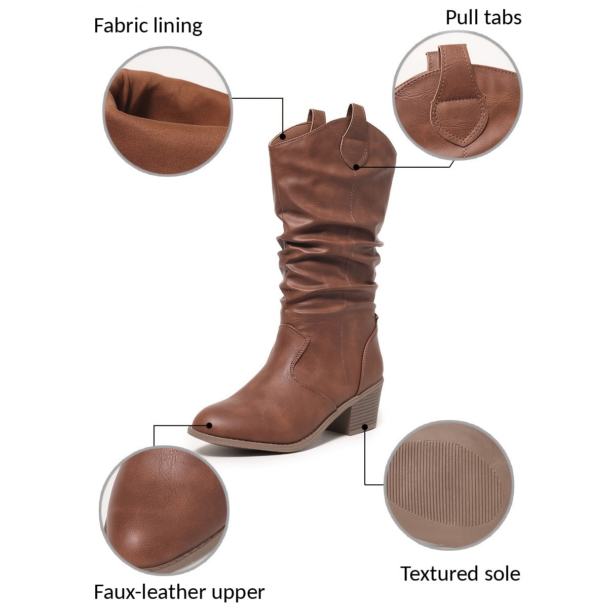 Clemency cowboy boot details: fabric lining, pull tabs, faux-leather upper and textured sole