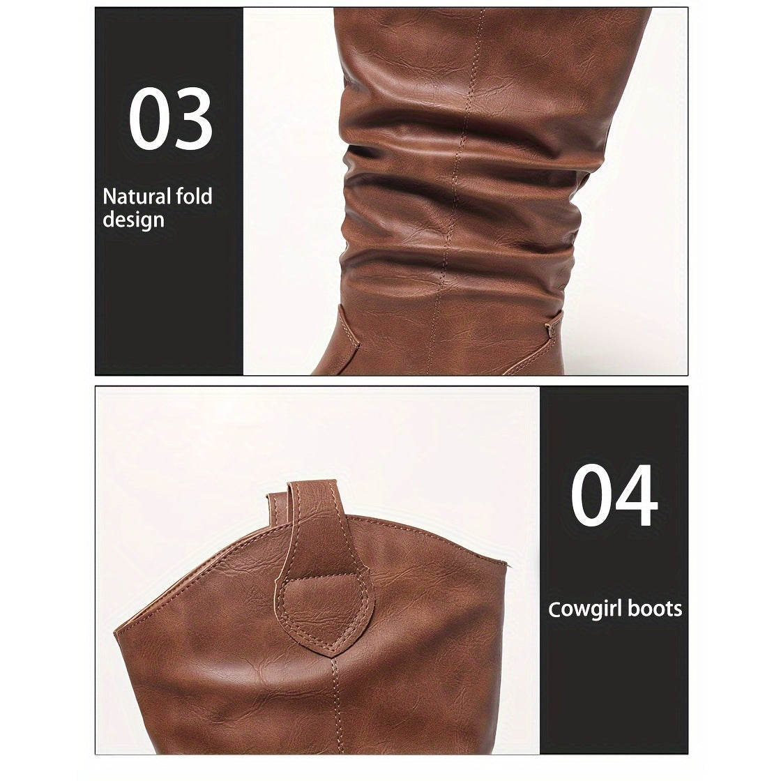 Clemency cowboy boot close-ups of the slouch folds and Western pull tab