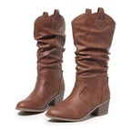 Clemency tan brown slouch cowboy boots with block heel, pair