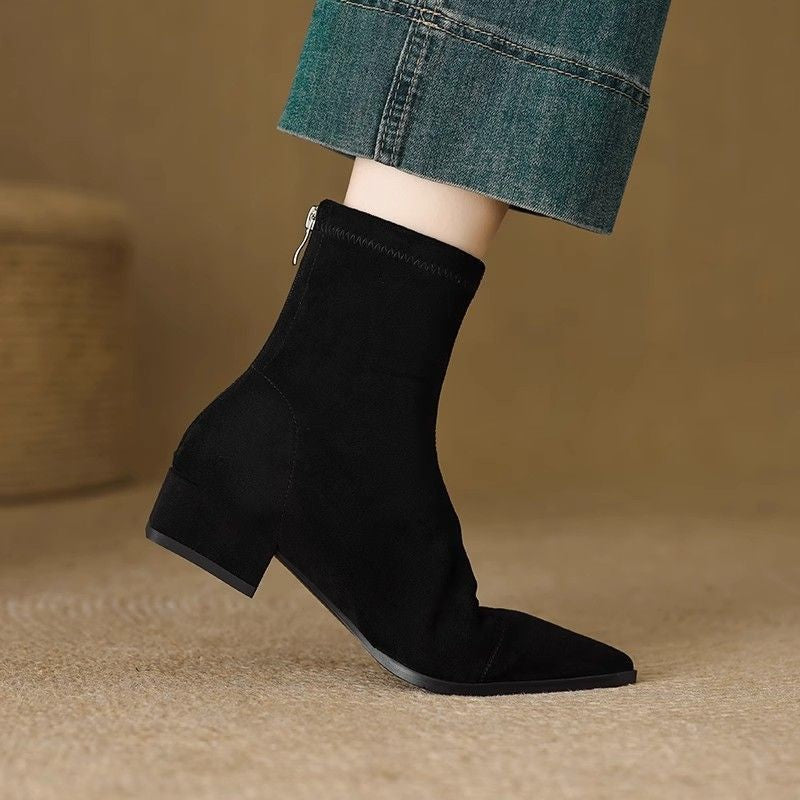 Camille black stretch sock ankle boot, side view with back zip and block heel