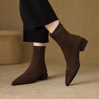 Camille brown pointed sock ankle boots, worn