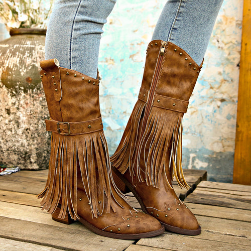 Dagny light brown fringe western mid-calf boots worn with jeans