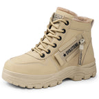 Kenna beige boot, side view with zip-pocket panel