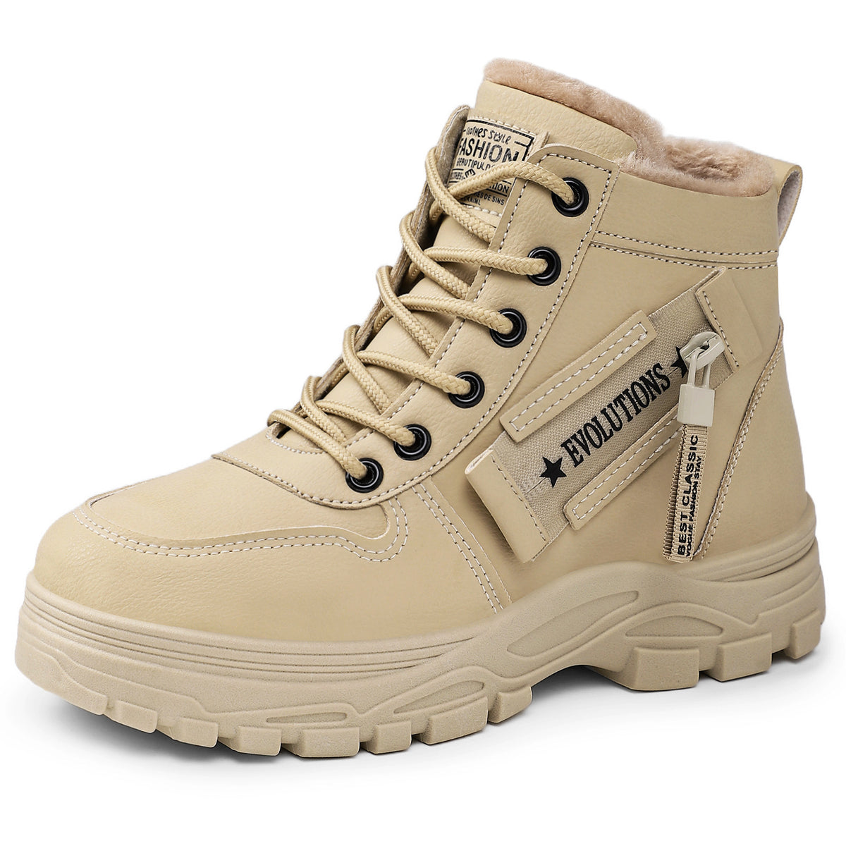 Kenna beige boot, side view with zip-pocket panel