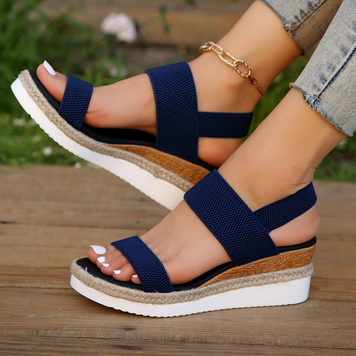 Solene Elastic Strap Wedge Sandals – Navy