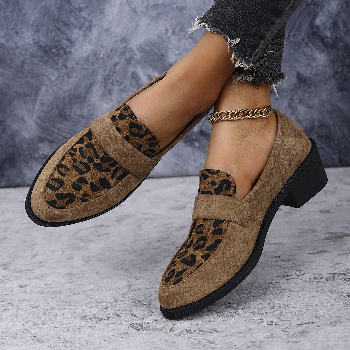 Bella Leopard Trim Block Heel Loafers – Taupe