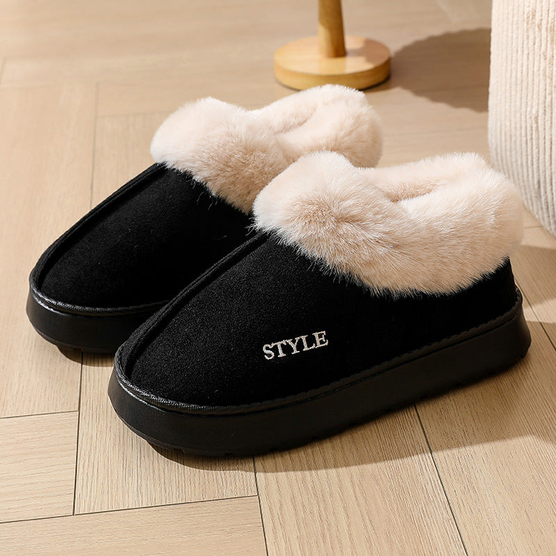 Elin black faux-fur collar slippers with embroidered STYLE detail