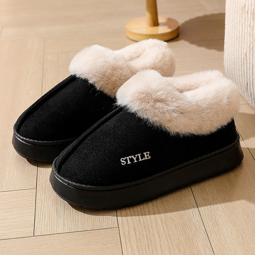 Elin black faux-fur collar slippers with embroidered STYLE detail