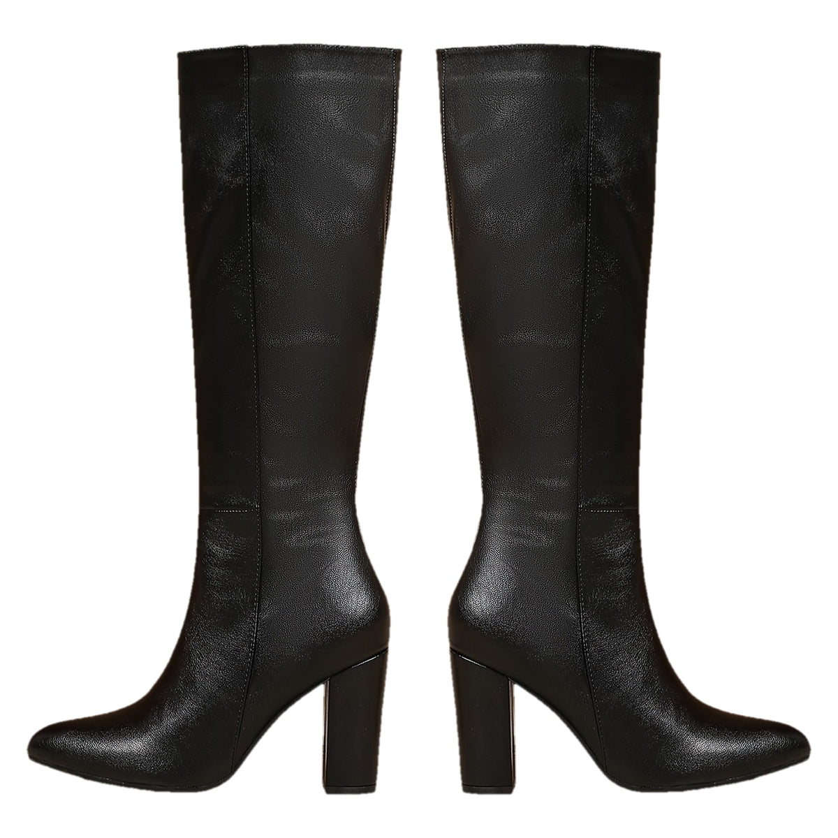 Elowen black knee high boots with pointed toe and block heel, pair